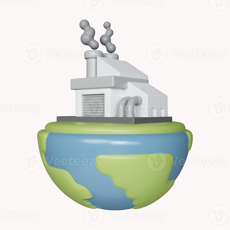 3d Globe Industrial factory. Renewable pollution resources. icon isolated on white background. 3d rendering illustration. Clipping path. photo