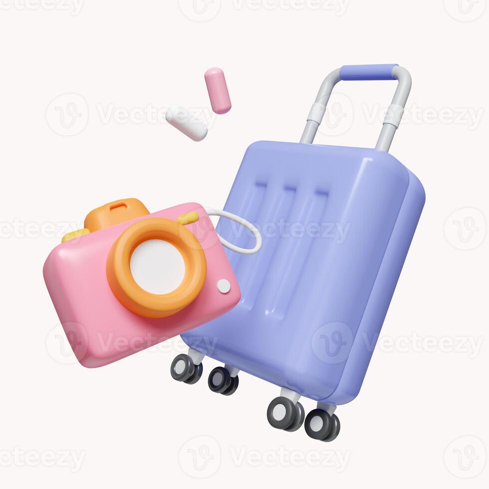 3d Time to travel. luggage and camera icon. time to travel. summer vacation and holidays concept. icon isolated on white background. 3d rendering illustration. Clipping path. photo