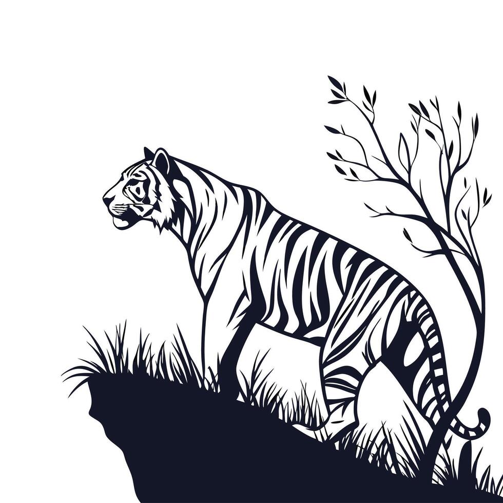 Creative Simple Bengal Tiger Silhouette Style with white Design Template vector