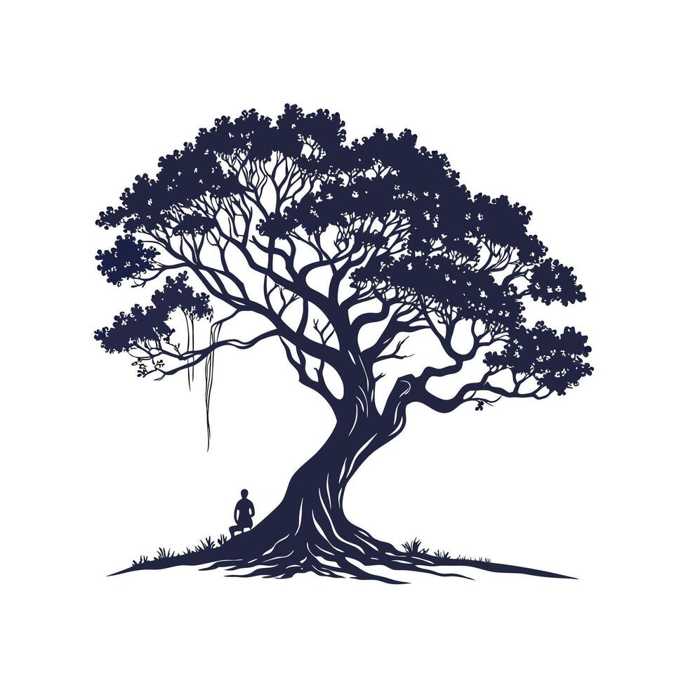 Creative simple Banyan Tree silhouette Style with background Design template vector