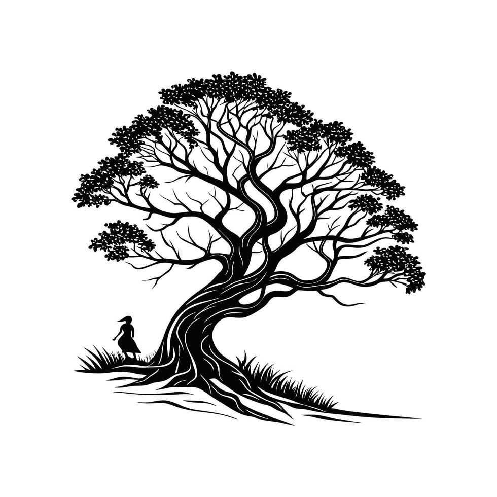 Creative simple Banyan Tree silhouette Style with white Design template vector