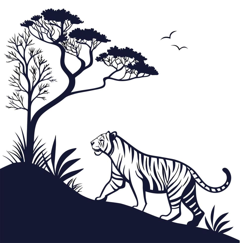Creative Simple Bengal Tiger Silhouette Style with background Design Template vector