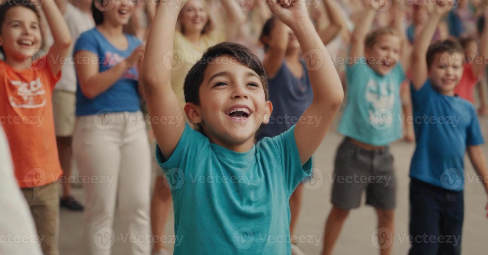 A group of children are standing in a crowd photo