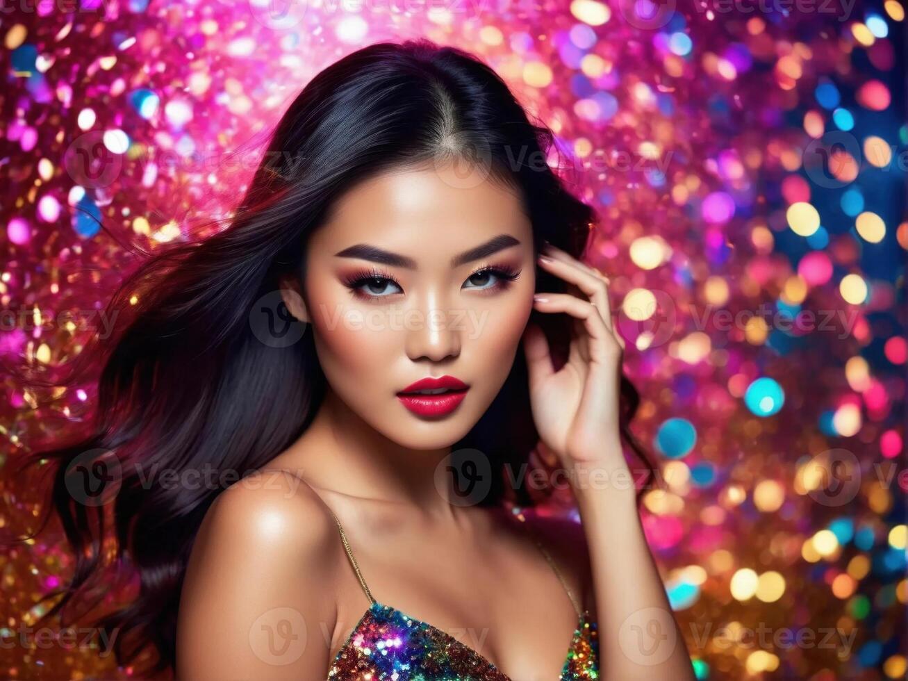 Glamorous Asian model in sparkling attire poses against vibrant bokeh backgrounds, perfect for high-fashion editorial and beauty campaigns. photo