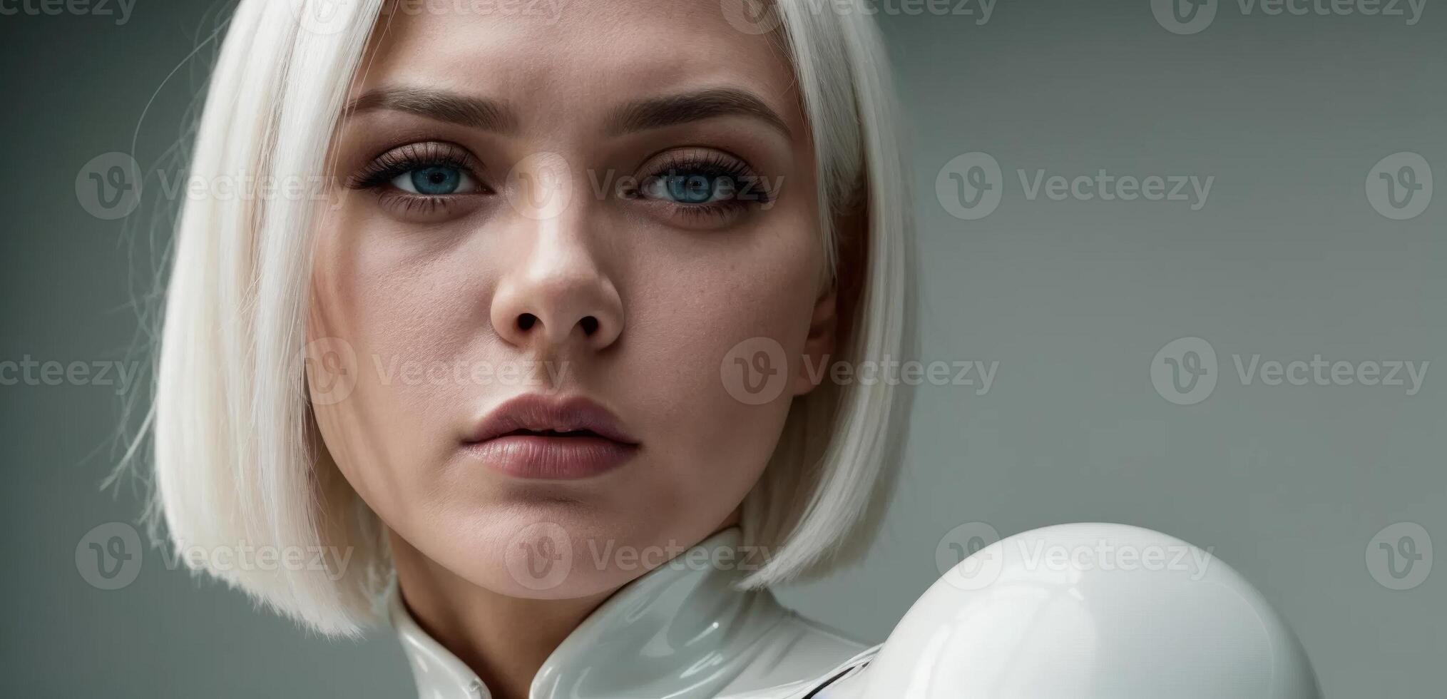 A woman in a futuristic suit with white hair photo