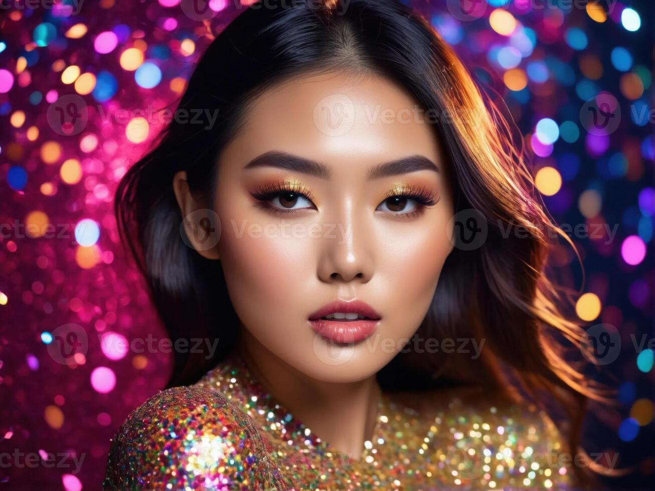 Glamorous Asian model in sparkling attire poses against vibrant bokeh backgrounds, perfect for high-fashion editorial and beauty campaigns. photo