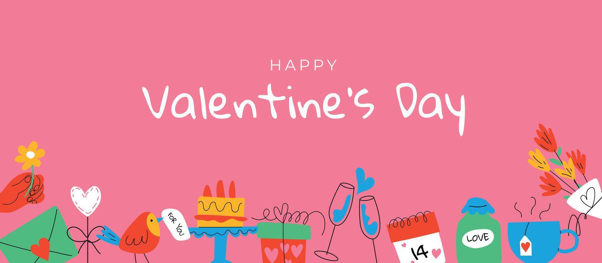 Banner with pink background and elements for Valentine's Day. Valentine's Day sale header or coupon template, postcard. Place your text. vector