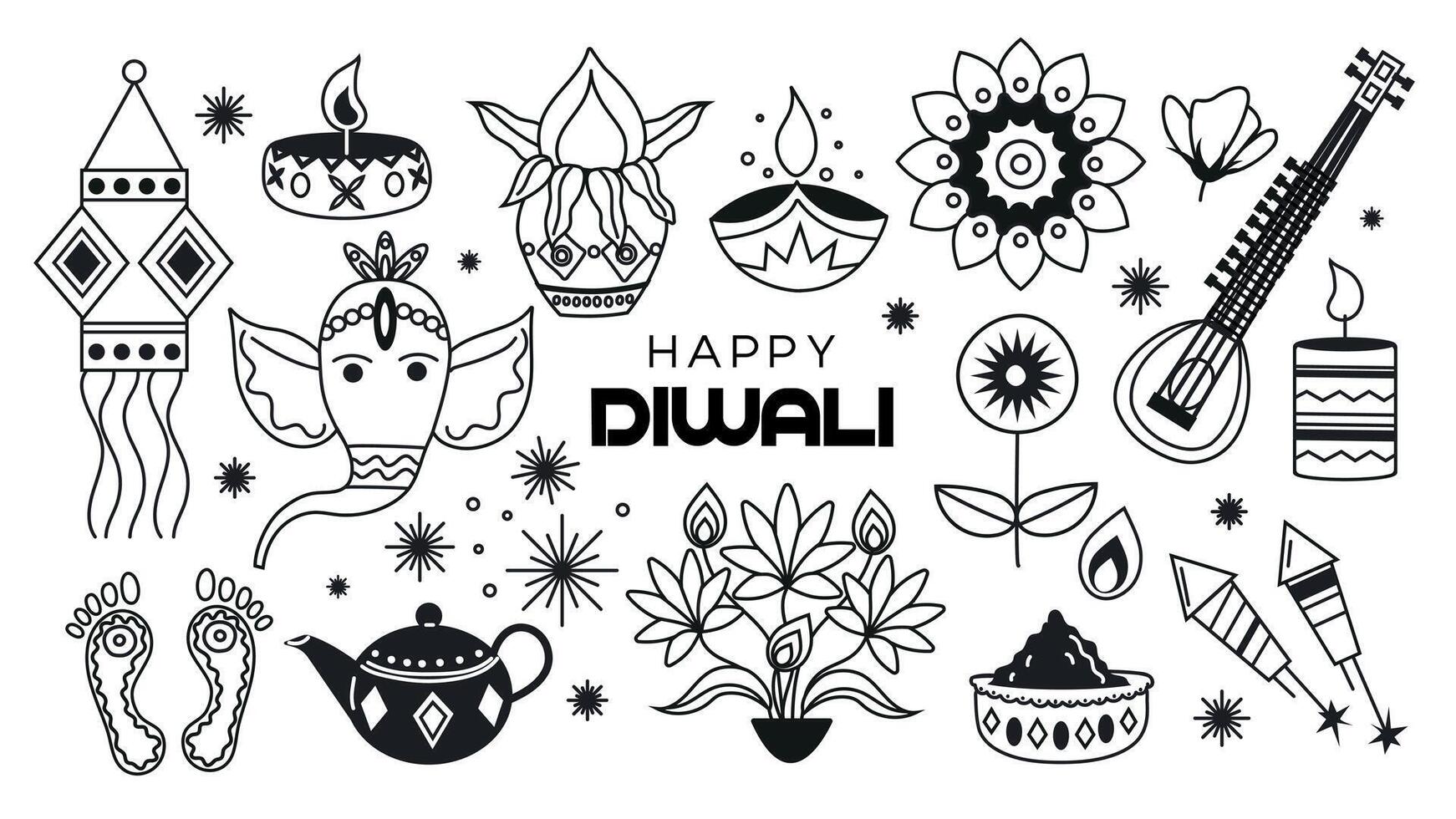 Set of Diwali elements for festive decor. Illustration Iin flat style on a white background. vector
