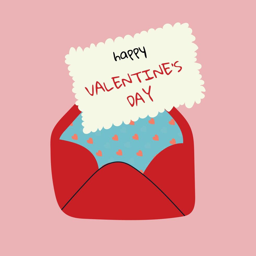 Simple, minimalistic Valentines Day card with envelope. Illustration in flat style, hand drawn doodle. vector