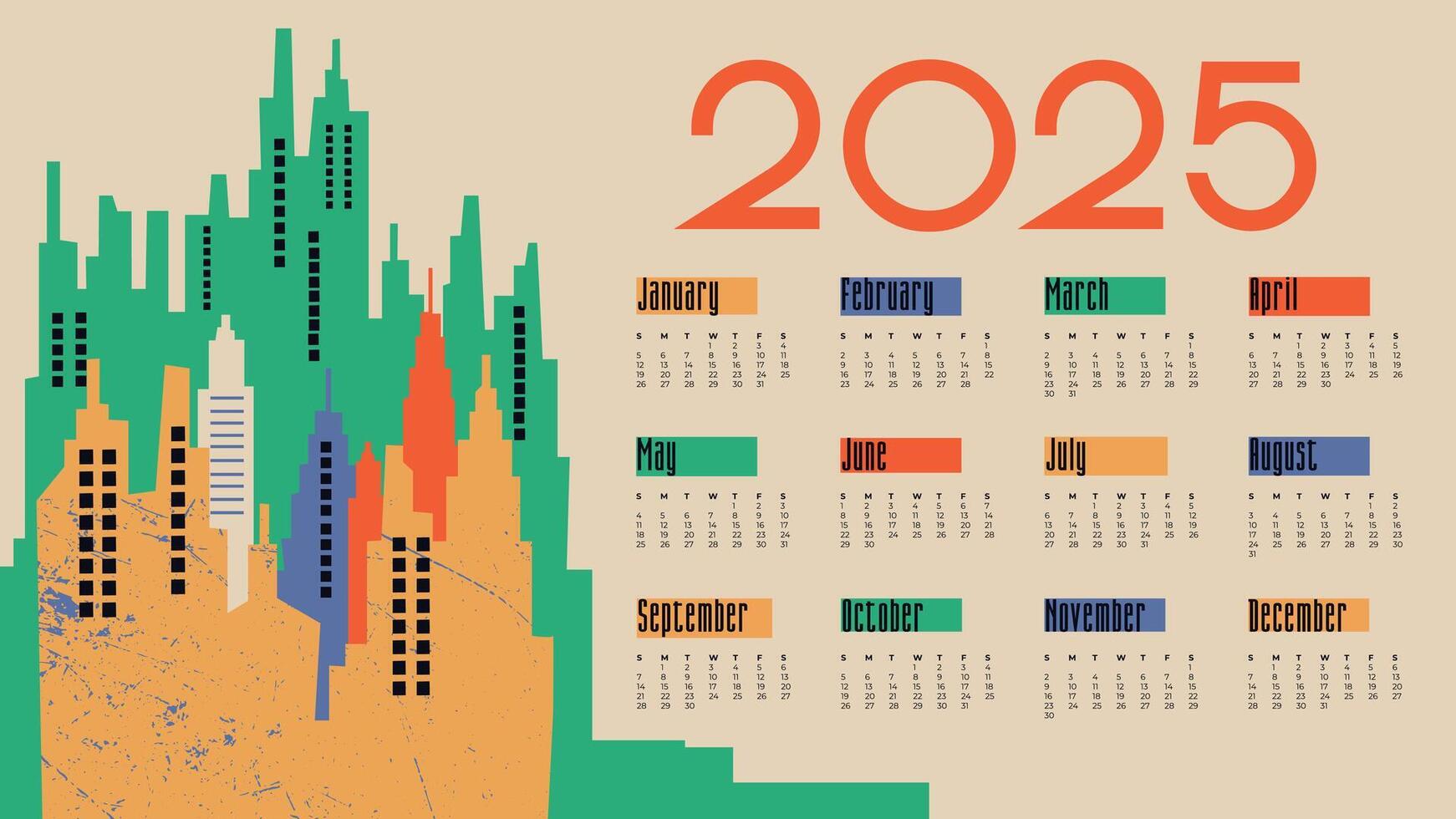 Modern classic calendar for 2025 year. Week starts on Sunday. Desk or wall calendar in minimalist style vector