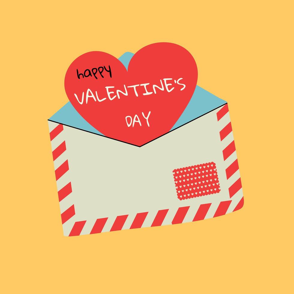 Minimalistic Valentines Day card with envelope on a yellow background. Illustration in flat style, hand drawn doodle. vector