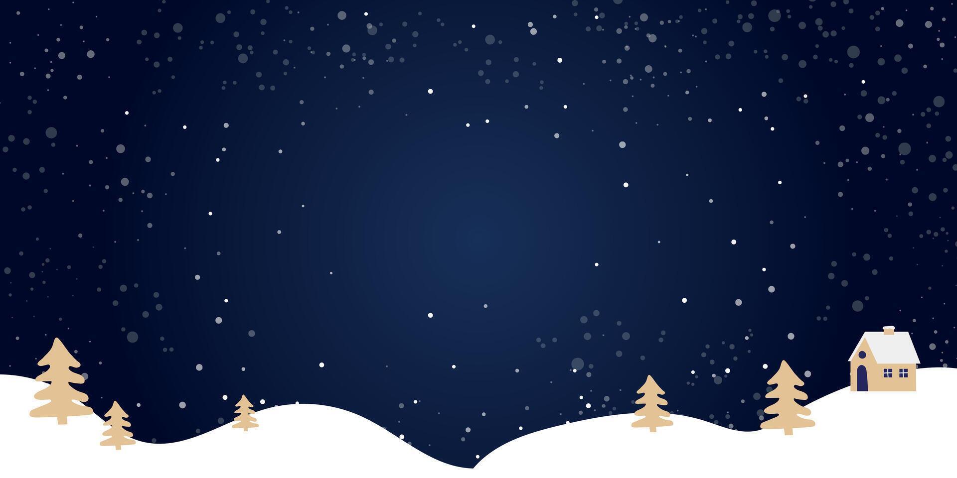 Christmas background, winter forest landscape with space for text. For greeting card, New Year banner with snowy trees, snow, house. vector