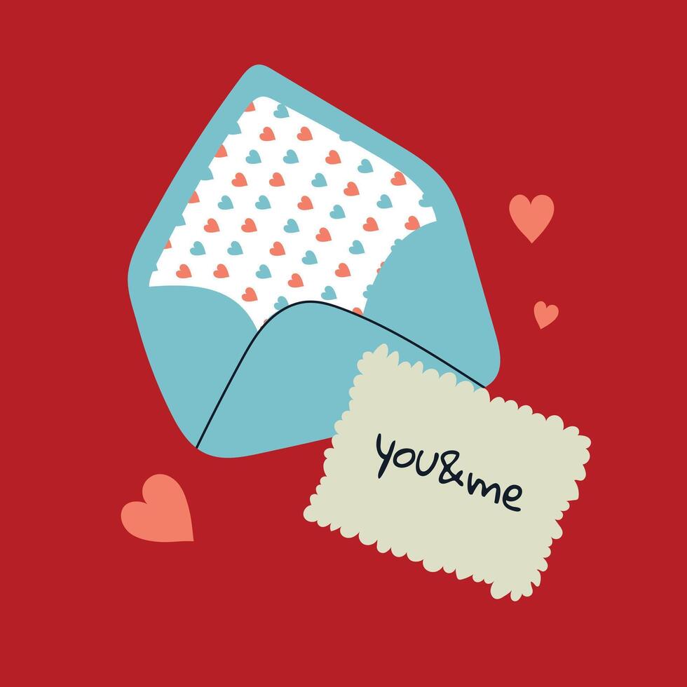 Valentines Day card with envelope. Illustration in flat style, hand drawn doodle. vector