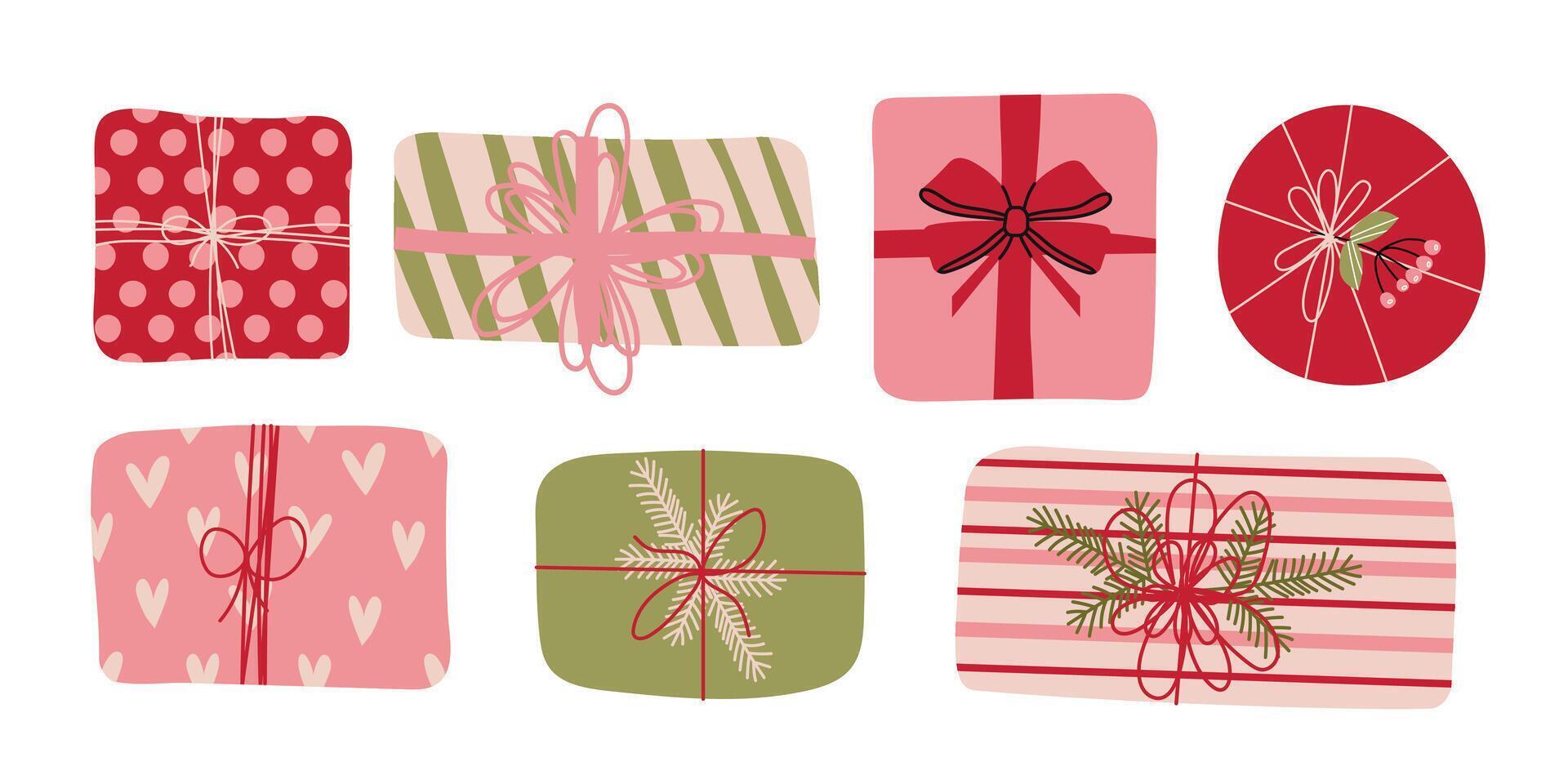 New year present set. Set of gift boxes different shapes and sizes. Boxes with ribbon Set in Trendy Flat style. Gift wrapping simple elements on beige background. vector