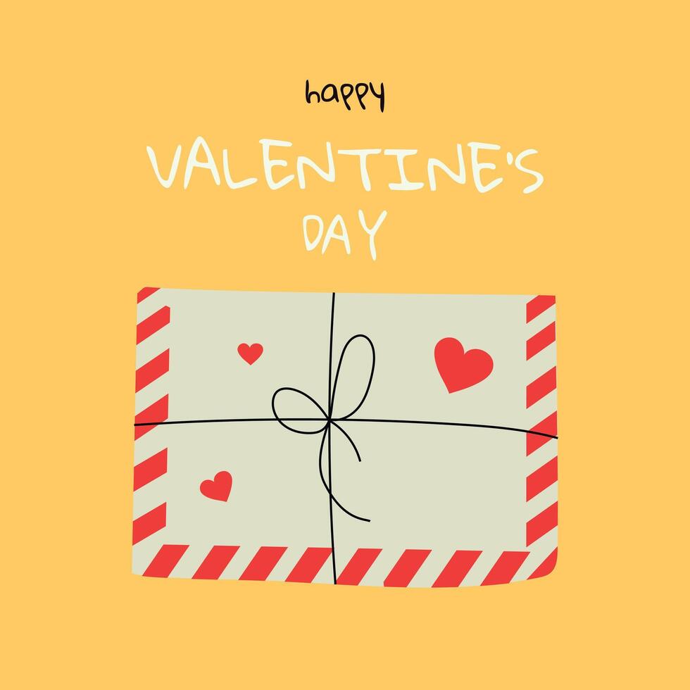 Minimalistic Valentines Day card with envelope on a yellow background. Illustration in flat style, hand drawn doodle. vector