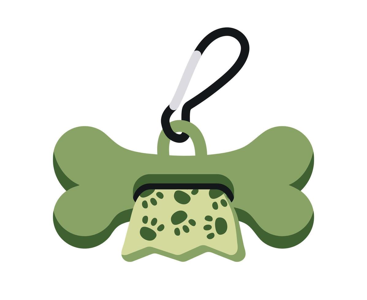Pet waste Bag Dispenser shaped like bone with carabiner. Green Container for hygiene Packages for cleaning dog poop. Practical accessory for walks. Design element for promo. Flat illustration vector
