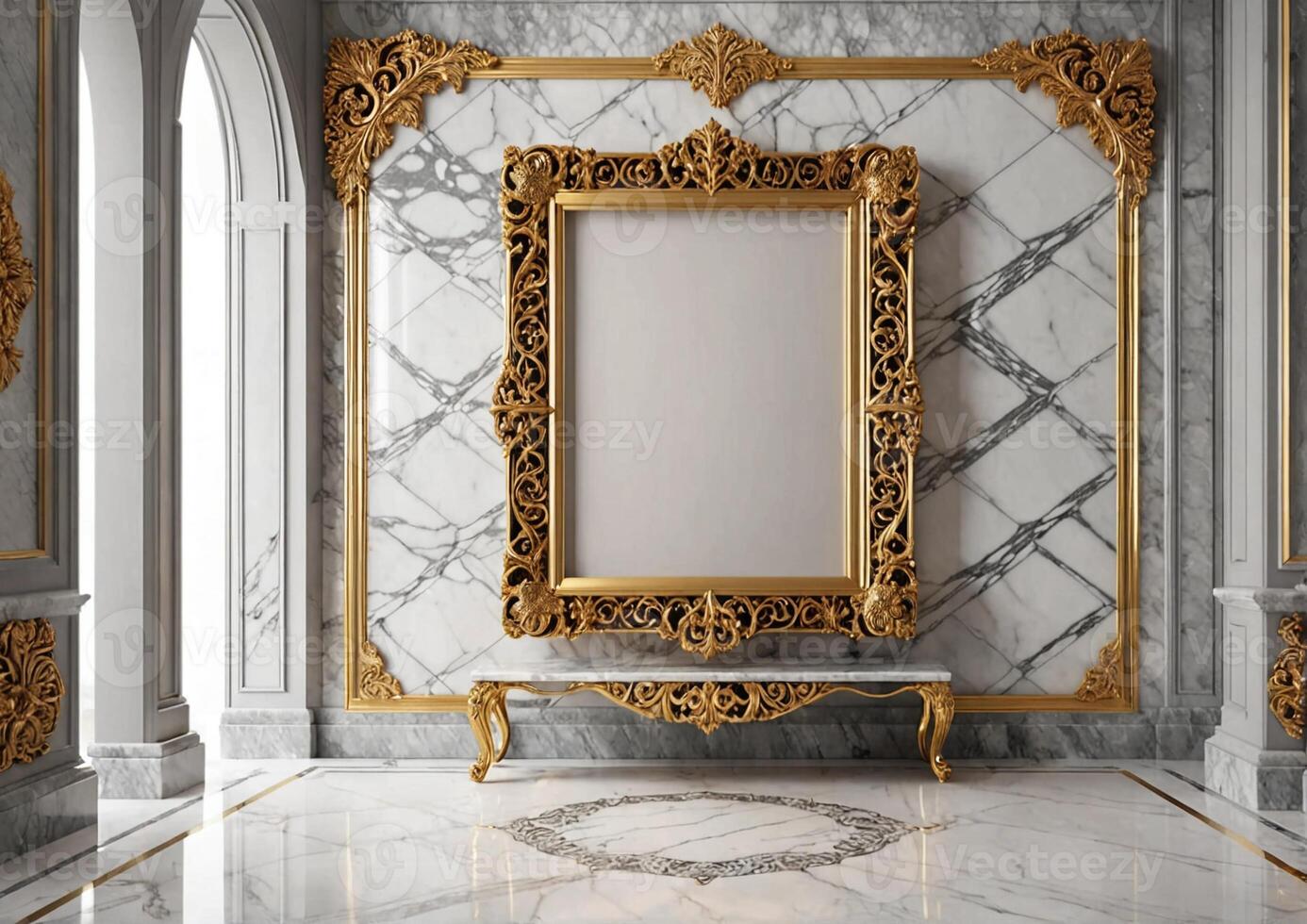 A marble room with gold and white walls and a large mirror photo