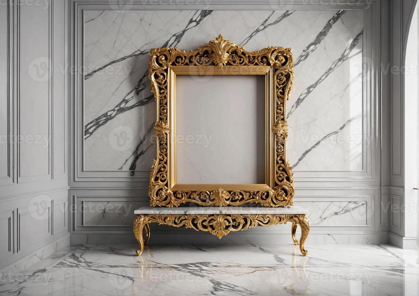 A gold frame sitting on a marble floor photo
