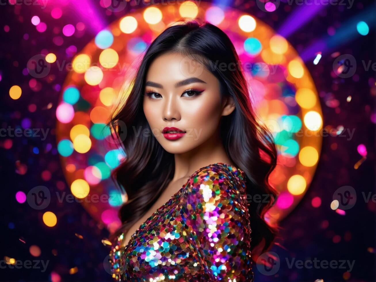 Glamorous Asian model in sparkling attire poses against vibrant bokeh backgrounds, perfect for high-fashion editorial and beauty campaigns. photo