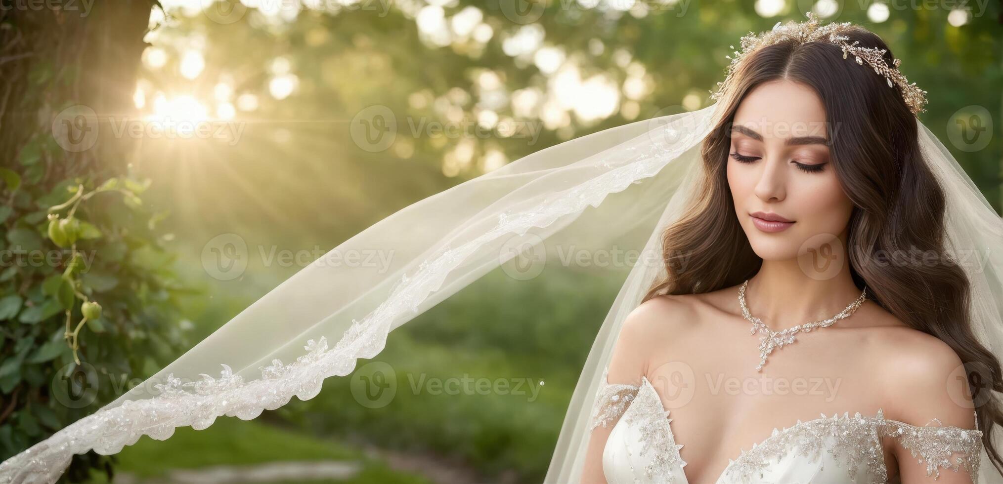 Elegant bride in a white gown and veil, posing outdoors with flowers, showcasing wedding beauty and style photo