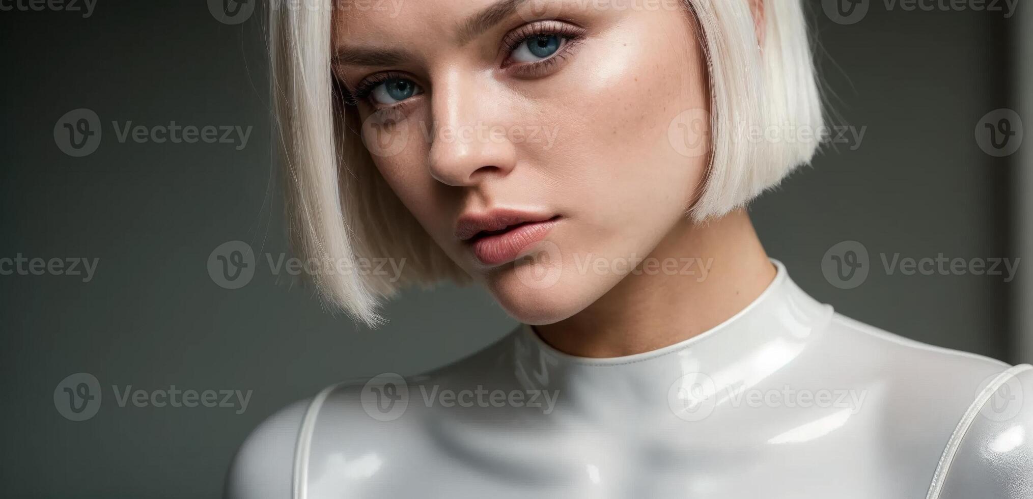 A woman in a white latex suit photo