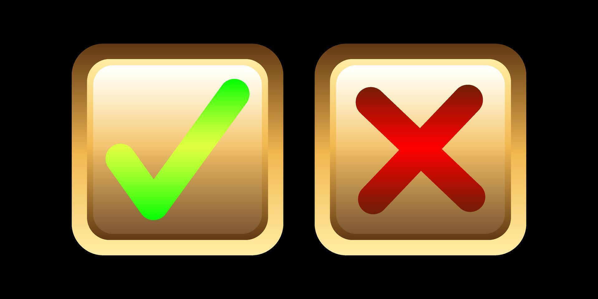 Glossy check mark and cross symbol on gold button vector