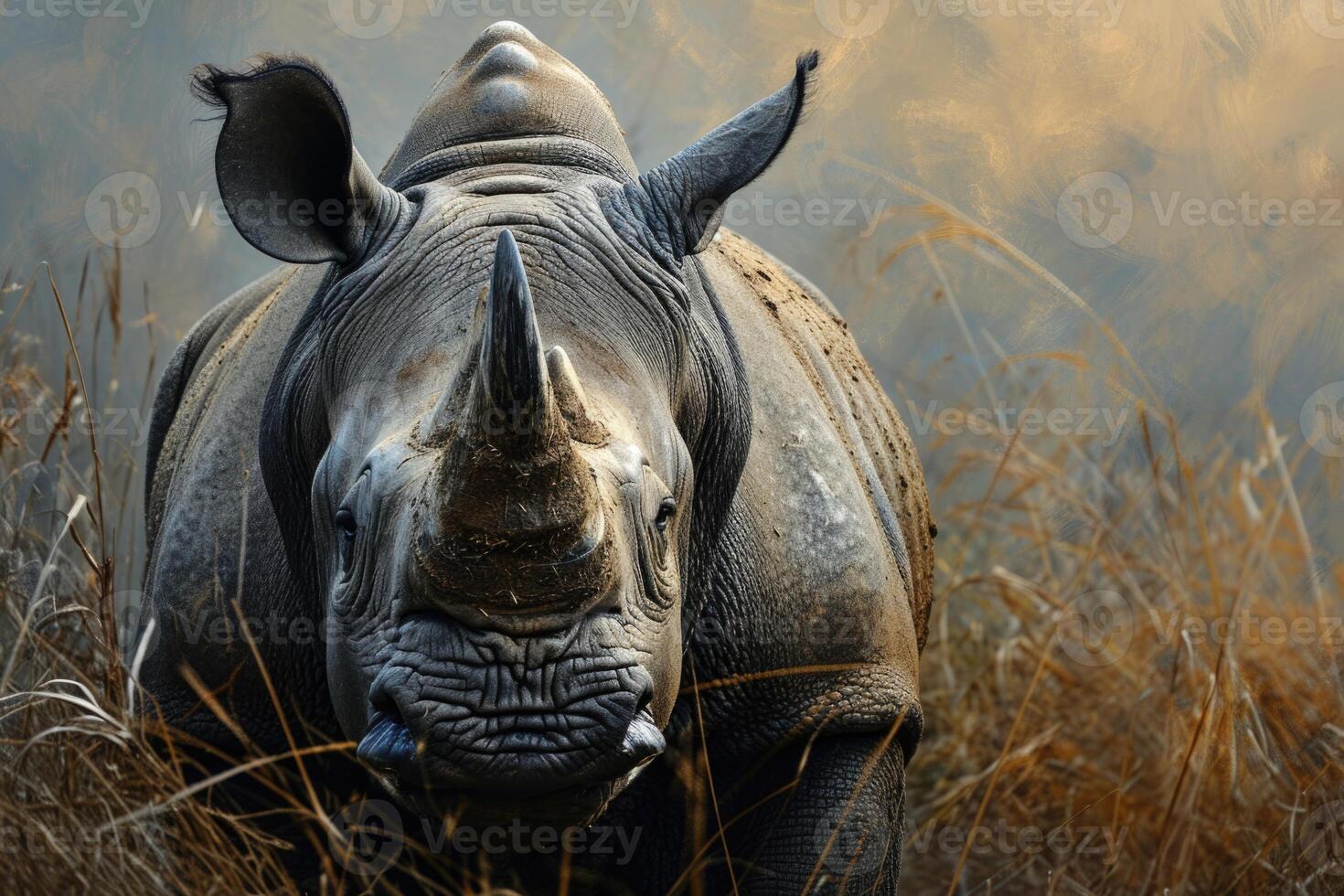 A rhino is walking through tall grass photo
