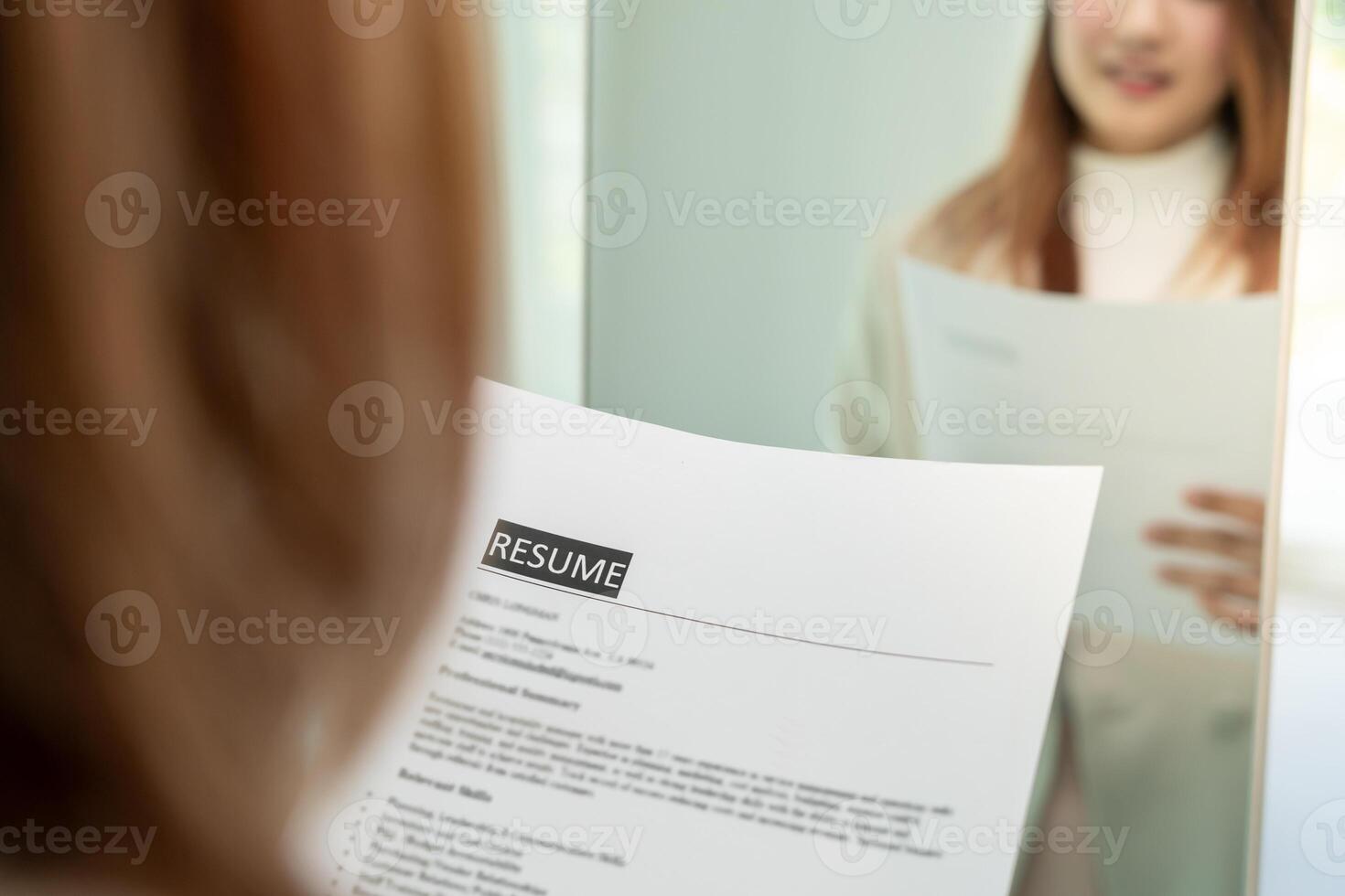 Beautiful woman preparing before job interview, building confidence, job applicants resume to position vacancies, find human. Human resource, letters, competence, new graduate, looking for work photo