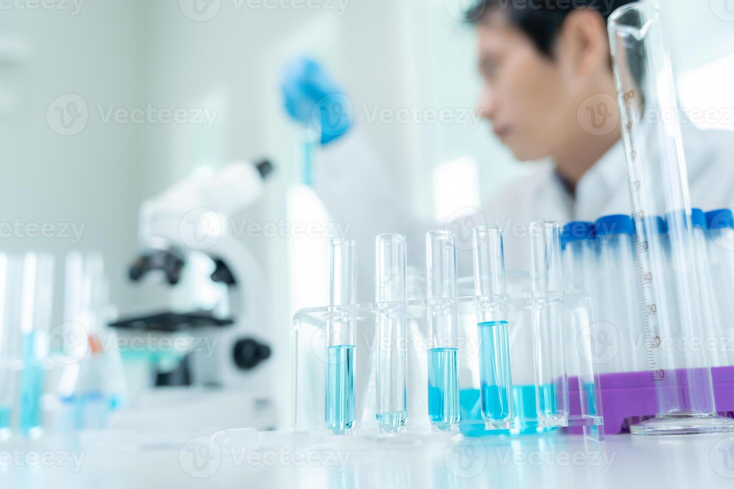 Scientist analyze biochemical sample in advanced scientific laboratory. Medical professional check chemical mix microbiological developmental of viral. Biotechnology research in science lab. cosmetic photo
