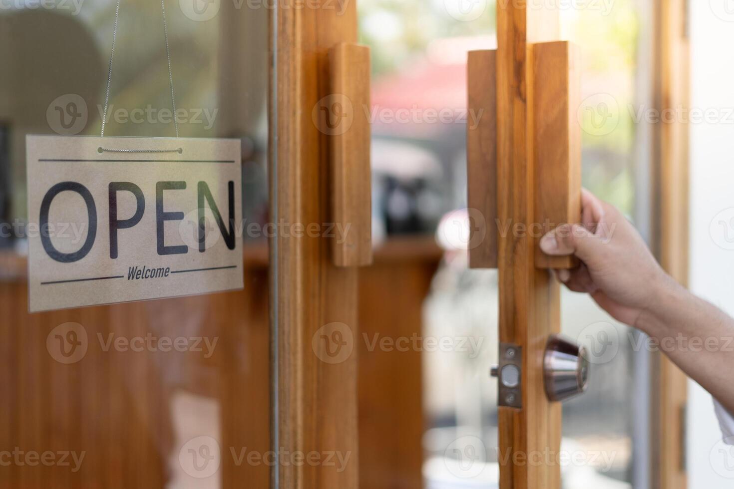 show sign open on the first day of business. guarantees safety, cleanliness, open the coffee shop. open for New normal. Small business, welcome, restaurant, home made photo