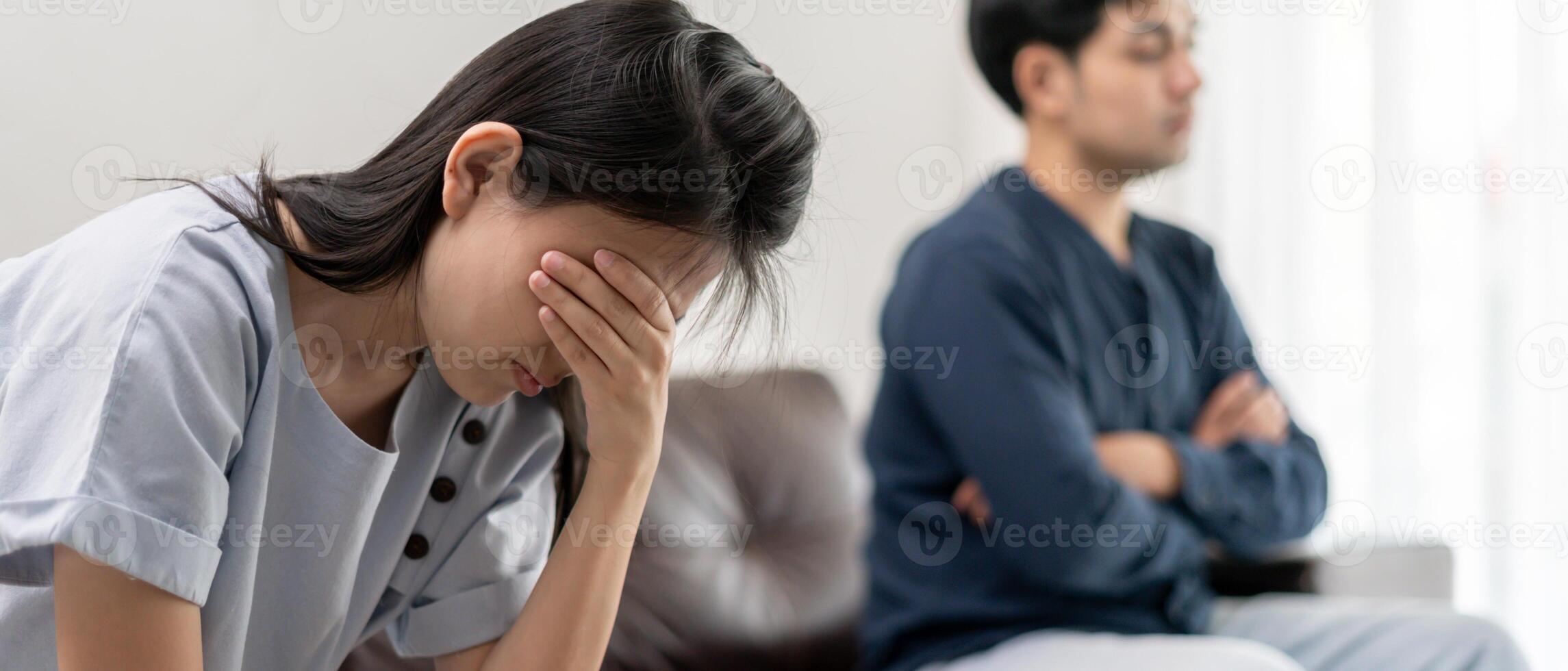 Divorce and quarrels. couples are desperate and disappointed after marriage. Husband and wife are sad, upset and frustrated after quarrels. distrust, love problems, betrayals. family problem. photo