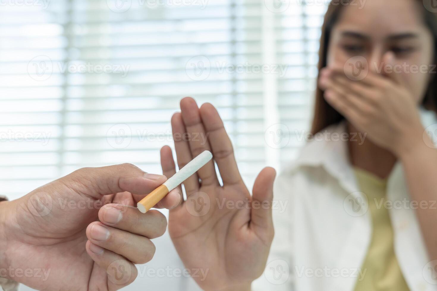 No smoking. Woman stop smoke, refuse, reject, break take cigarette, say no. quit smoking for health. world tobacco day. drugs, Lung Cancer, emphysema , Pulmonary disease, narcotic, nicotine effect photo