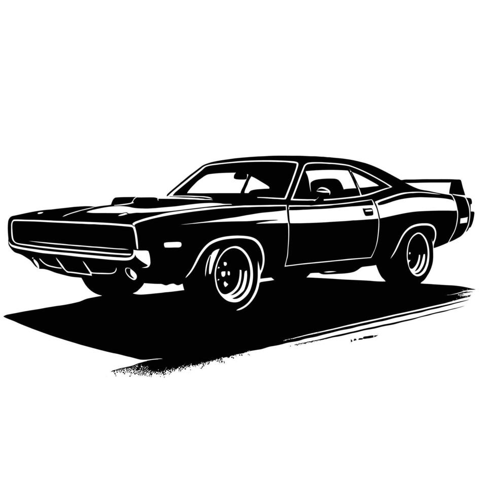 A black and white drawing of a muscle car vector
