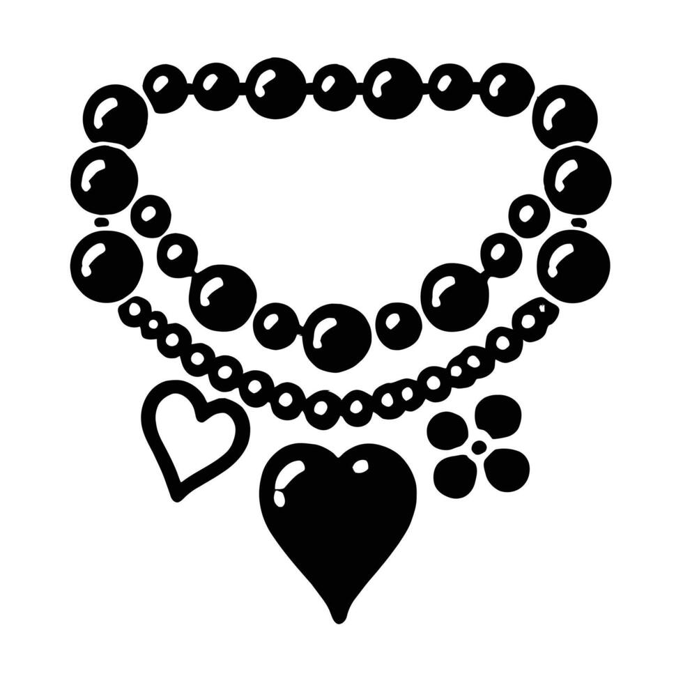 A black and white illustration of a necklace with hearts vector