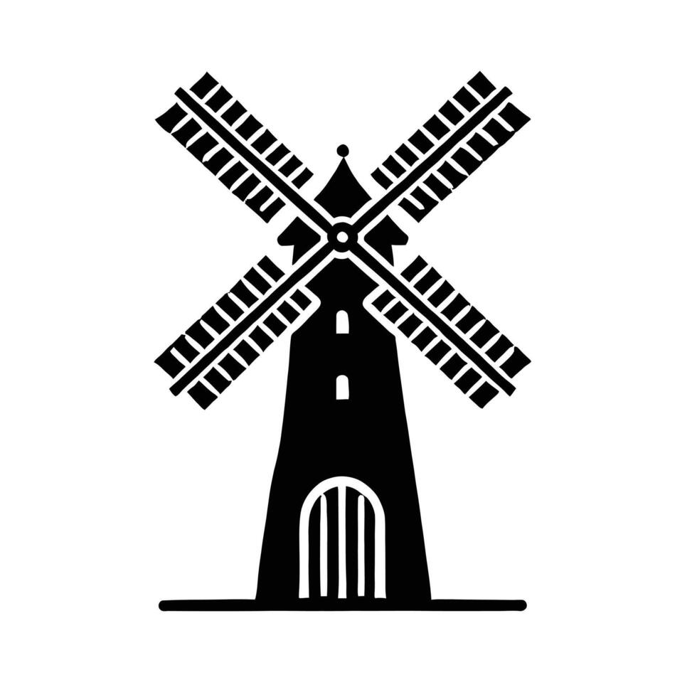 A black and white illustration of a windmill vector
