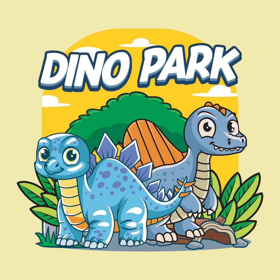 Funny Dino Park Stegosaurus Spinosaurus Cartoon Illustration vector