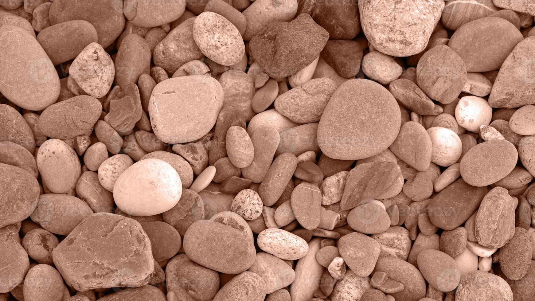 Background made of Sea or river pebbles. Natural texture of beach pebbles. Color Of The Year 2025 - Mocha Mousse photo