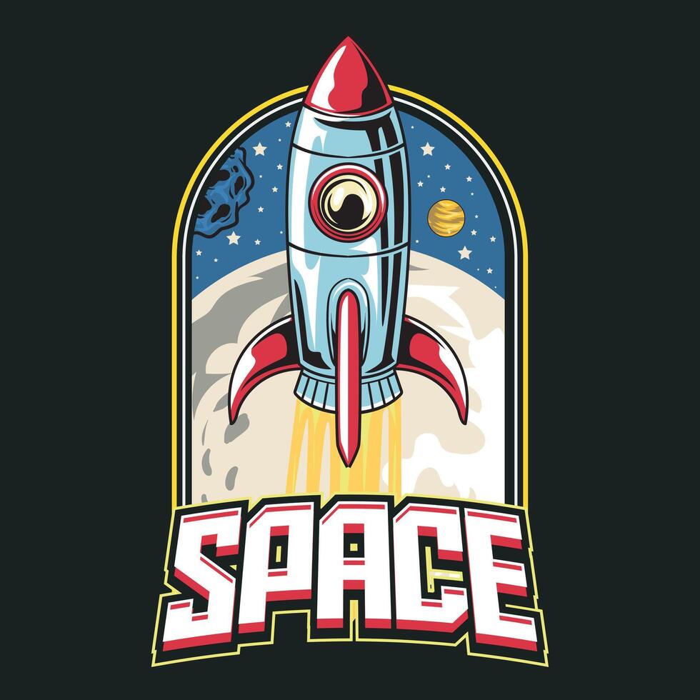 Spaceship Rocket Explore Outer Space Cartoon Illustration for sticker, badge, patch, banner, greeting card, invitation vector