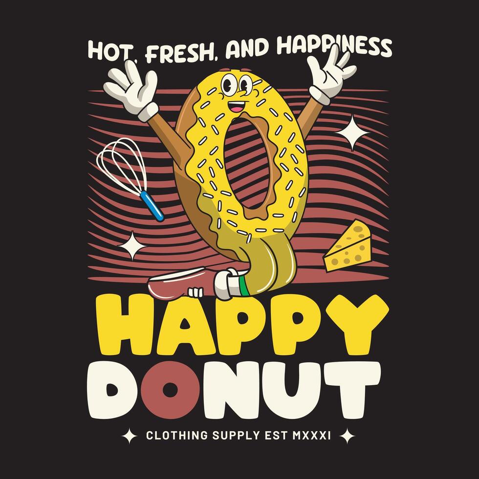 Fast Food Happy Donut Cartoon Character Illustration in Groovy Style vector