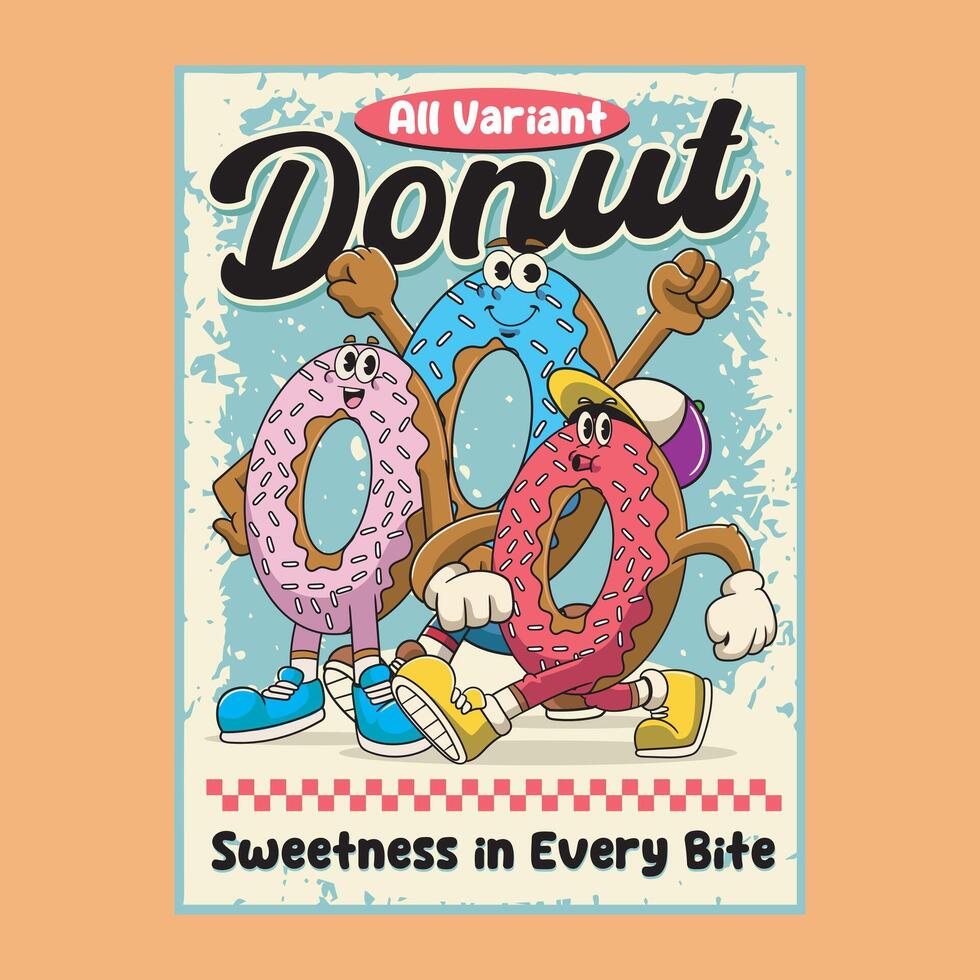Fast Food Donut Friendship Cartoon Character Illustration in Retro Groovy Style for Poster vector