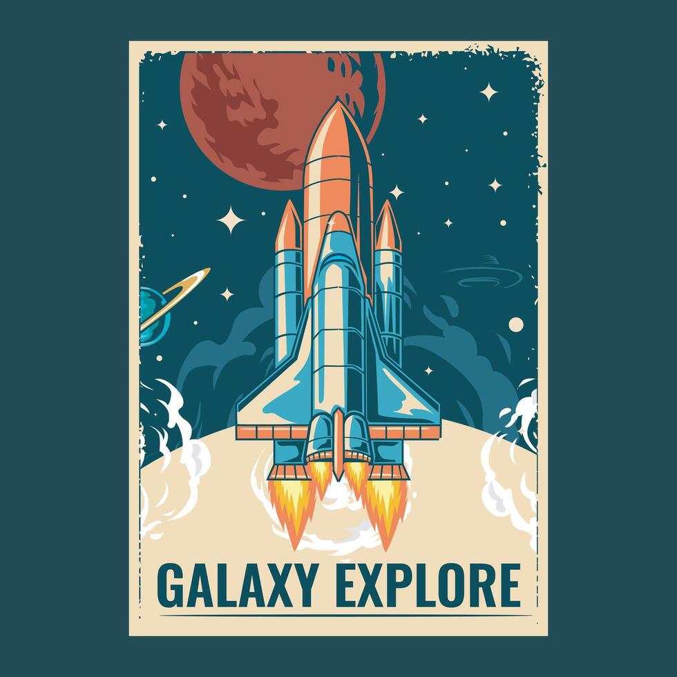 Galaxy Explore Spaceship Launch to Mars Poster Cartoon Illustration Design vector
