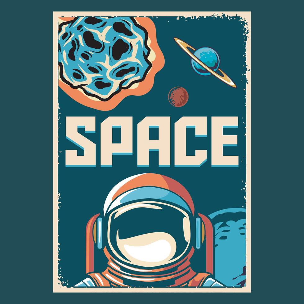 Astronaut Head Space Meteor Saturn Planet Poster Illustration vector