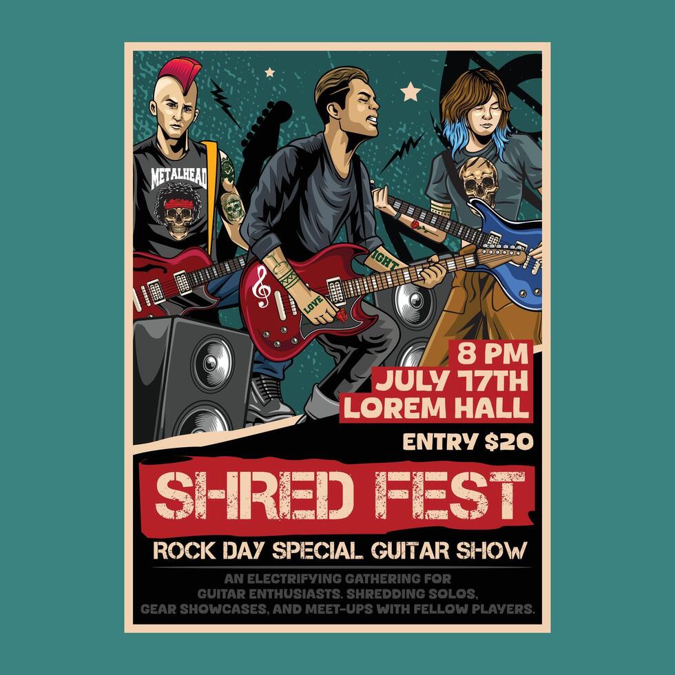 Vintage Rock Day Special Guitar Live music festival concert poster flyer with Band Personel playing electric guitar illustration style vector