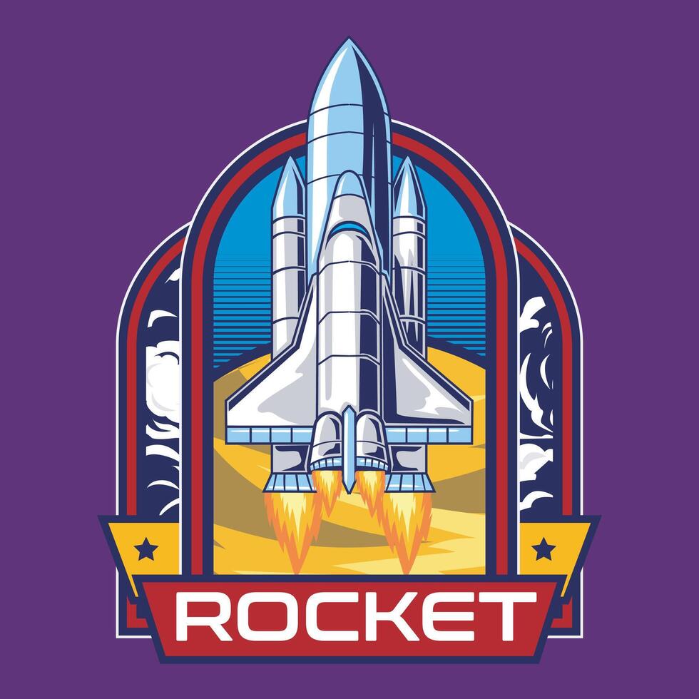 Spaceship Rocket Explore Universe Cartoon Illustration Design for sticker, badge, patch, banner, greeting card, invitation vector