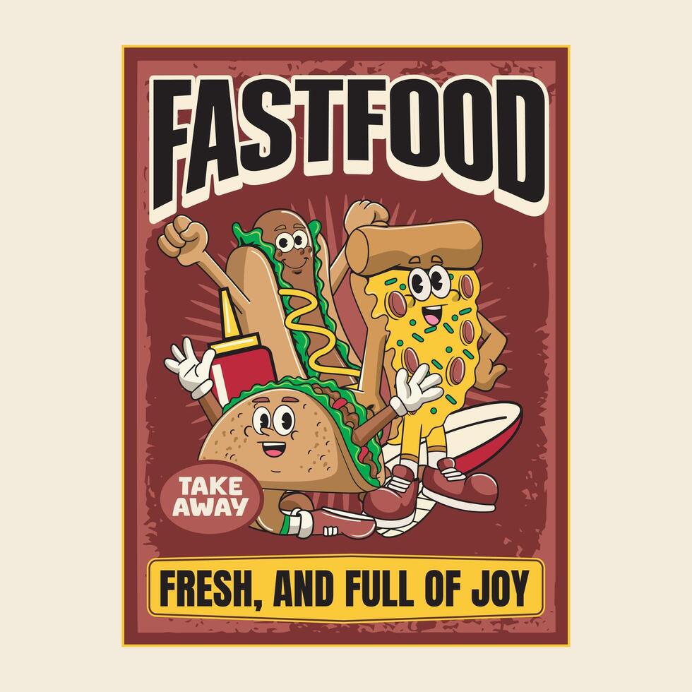 Fast Food Hotdog, Pizza, and Taco Cartoon Character Illustration in Retro 70s Style for Poster vector