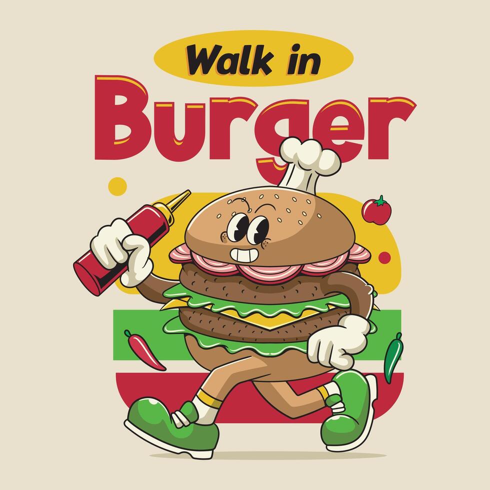 Fast Food Funny Walk in Burger Cartoon Character Illustration in Groovy Style vector
