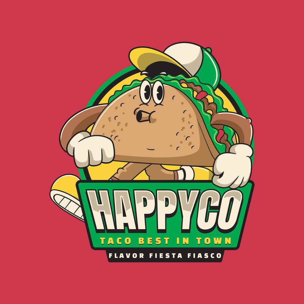 Fast Food Taco Cartoon Character Illustration in Groovy Style vector