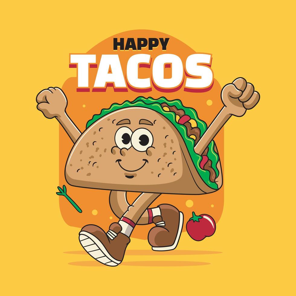 Fast Food Happy Tacos Cartoon Character Illustration in Groovy Style vector