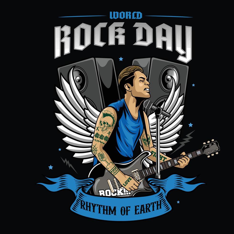 World Rock Day slogan with a man playing electric guitar, microphone, and speaker Illustration for T-Shirt Apparel, sticker, poster, flyer, brochure, invitation, greeting card, banner vector