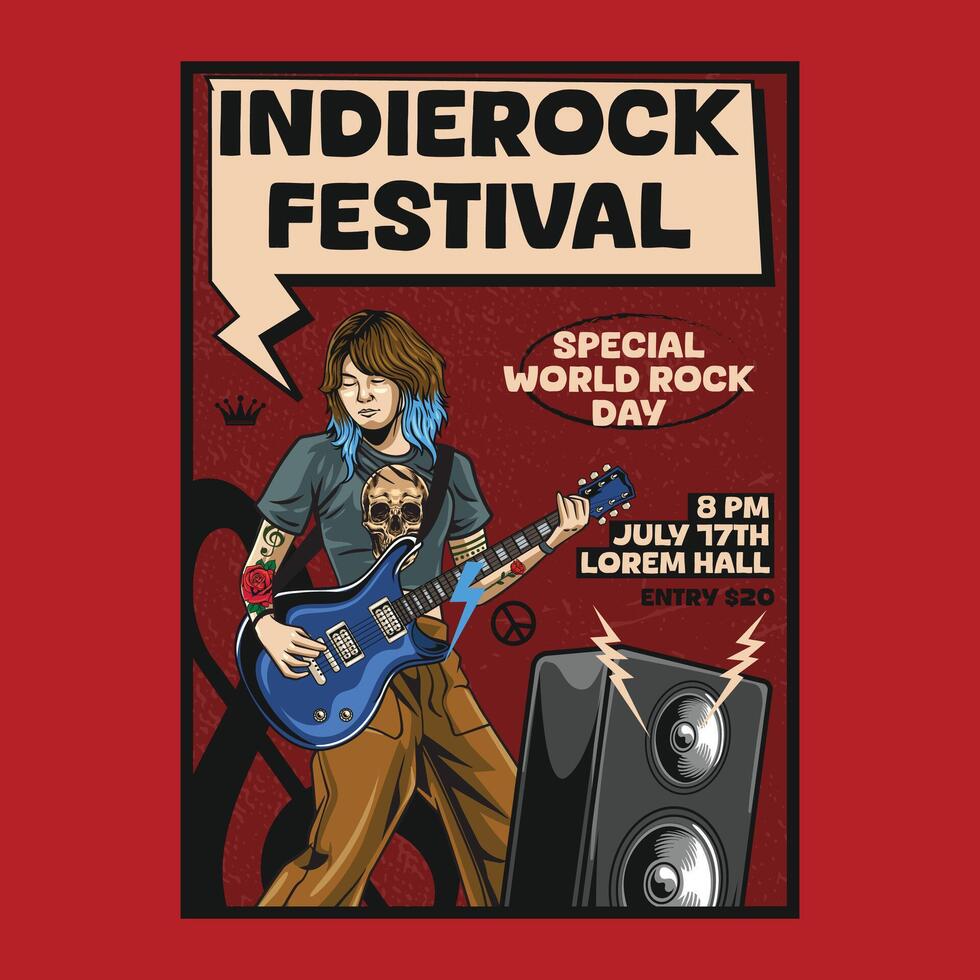 Vintage Indie Rock Music Festival special World Rock Day concert poster flyer with a woman playing electric guitar, and speaker illustration style vector
